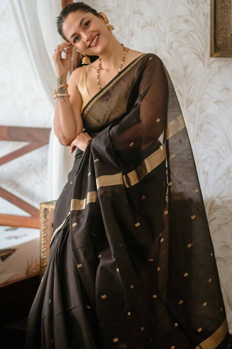 Diaphanous Black Cotton Silk Saree With Lagniappe Blouse Piece