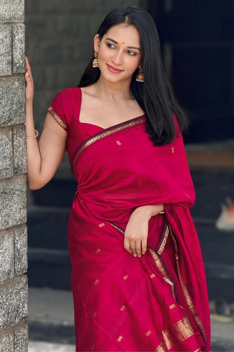 Dulcet Dark Pink Cotton Silk Saree With Scrupulous Blouse Piece