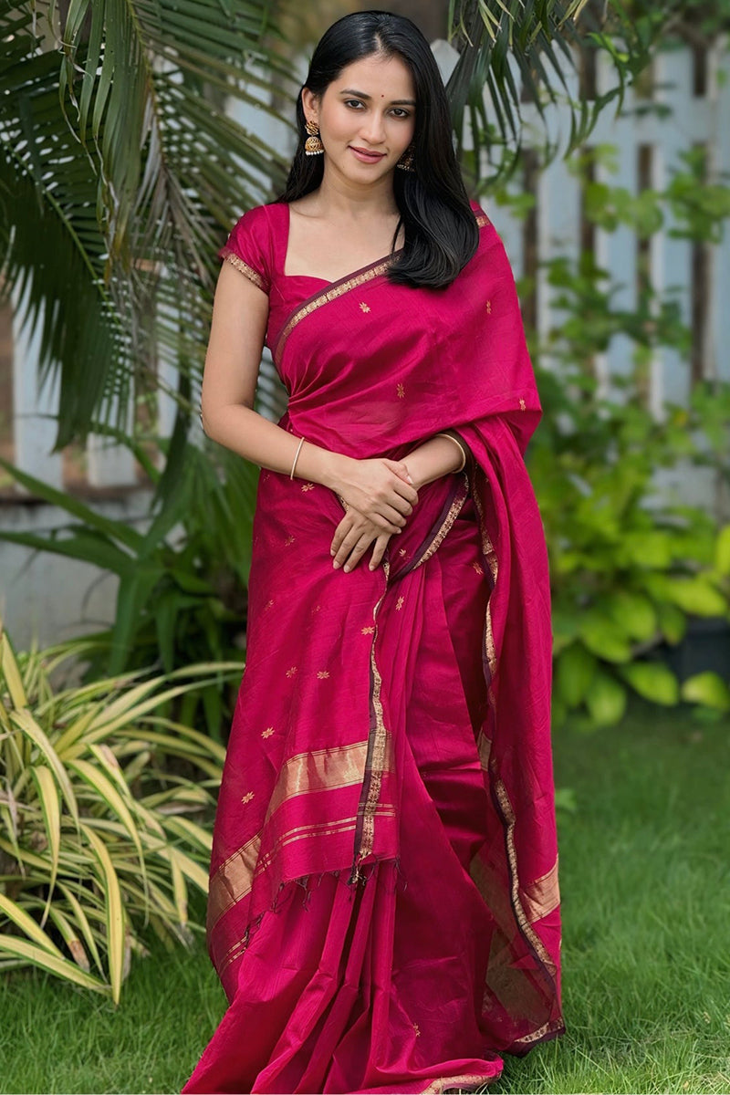 Dulcet Dark Pink Cotton Silk Saree With Scrupulous Blouse Piece