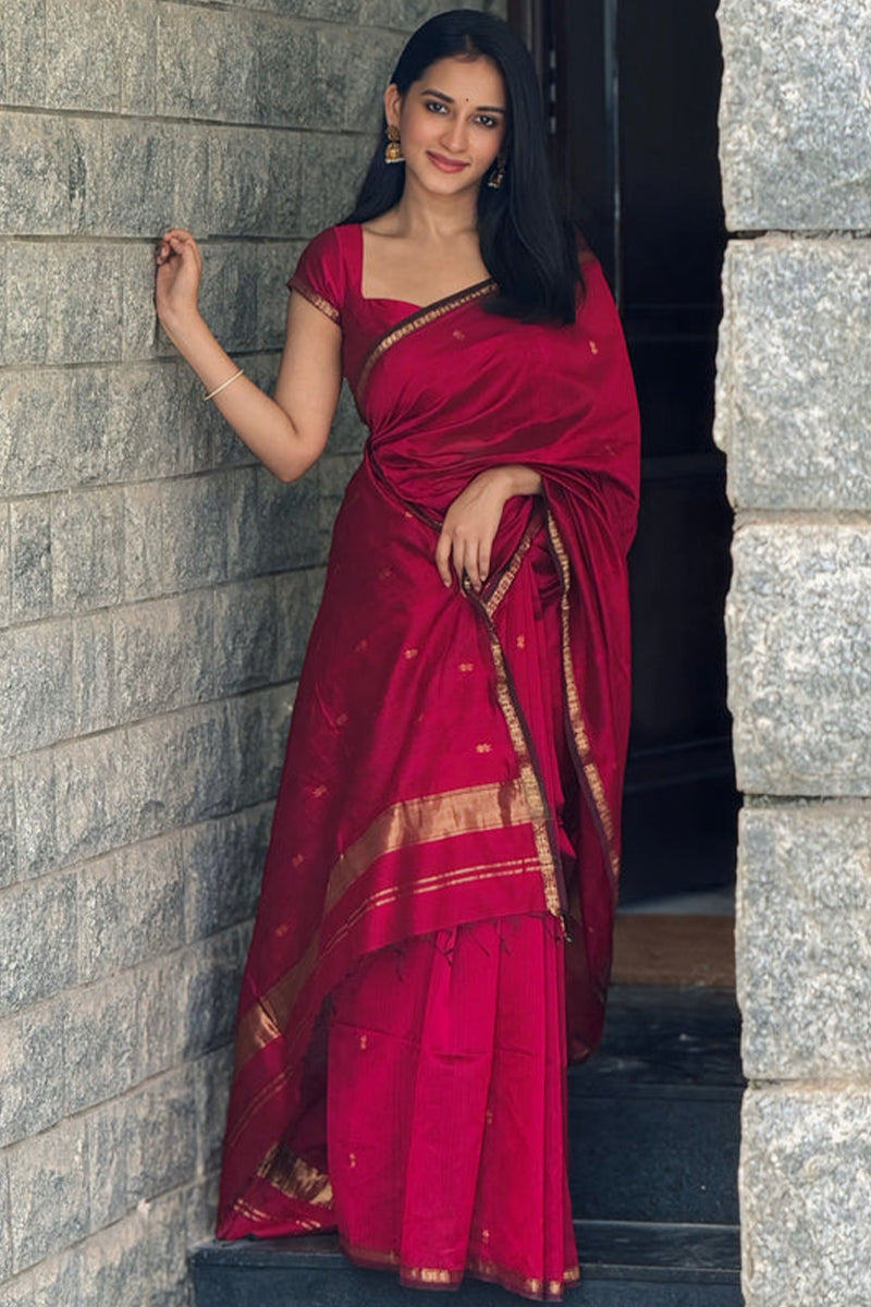 Dulcet Dark Pink Cotton Silk Saree With Scrupulous Blouse Piece