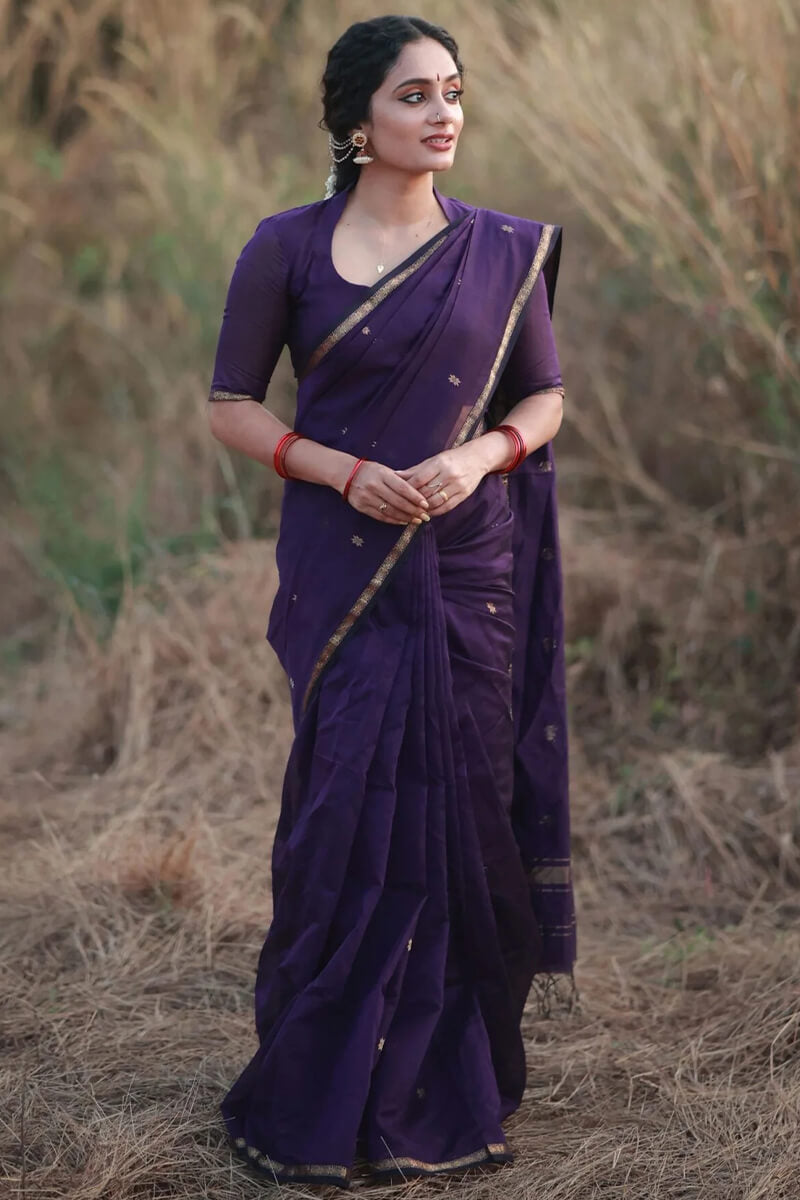 Sumptuous Purple Cotton Silk Saree With Lagniappe  Blouse Piece