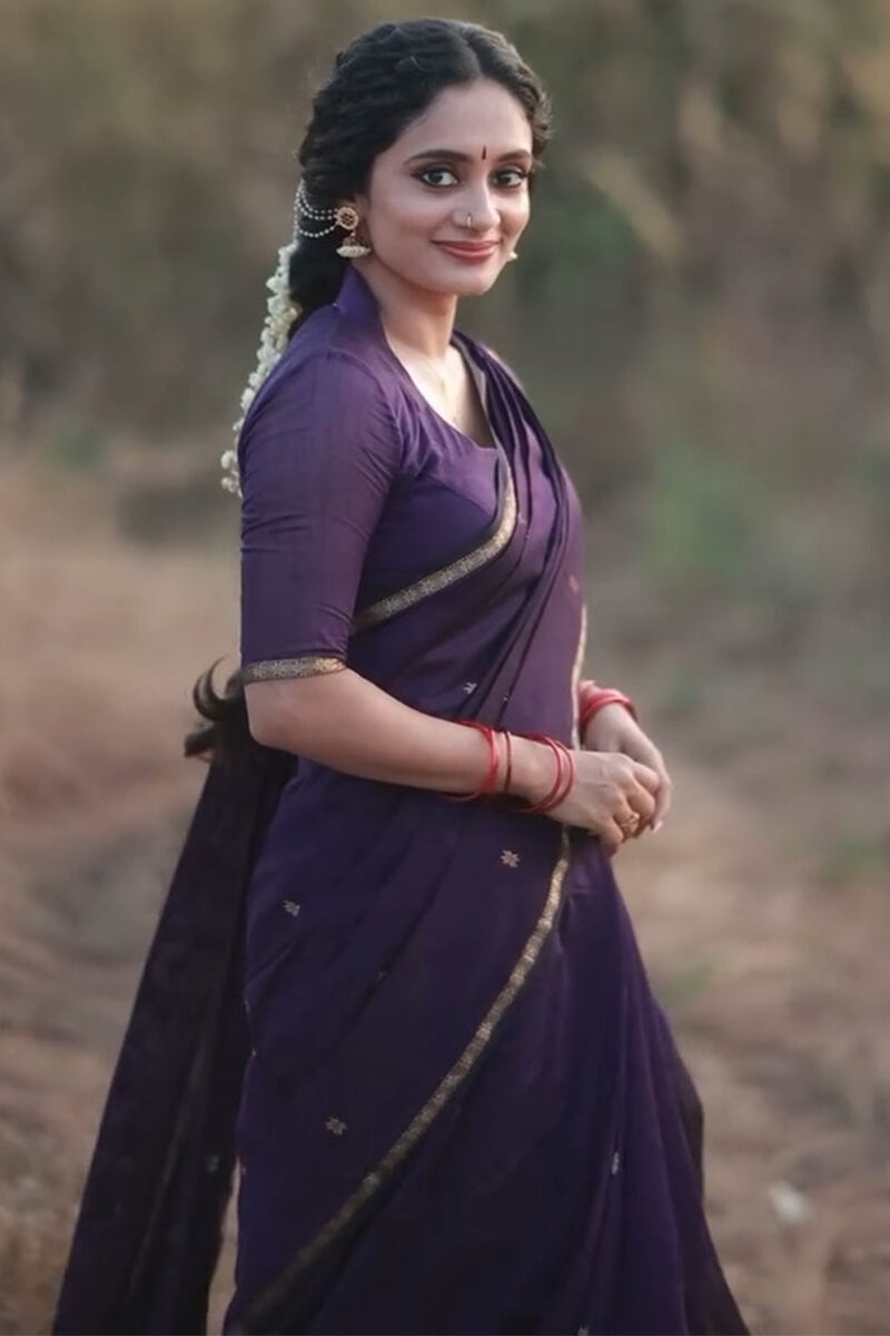 Sumptuous Purple Cotton Silk Saree With Lagniappe  Blouse Piece