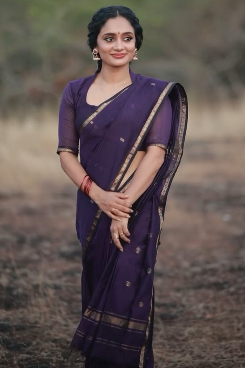 Sumptuous Purple Cotton Silk Saree With Lagniappe  Blouse Piece