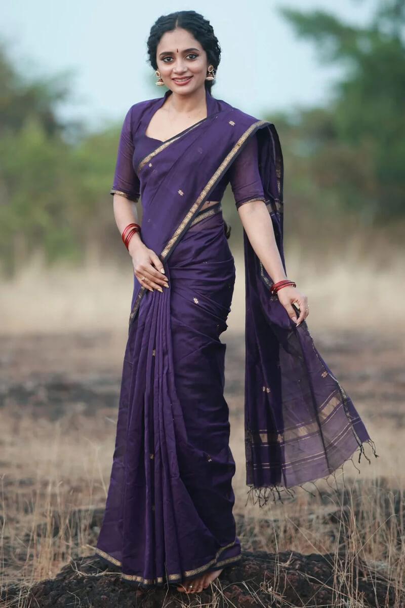 Sumptuous Purple Cotton Silk Saree With Lagniappe  Blouse Piece