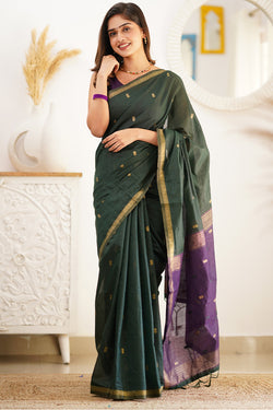 Skinny Green Cotton Silk Saree With Demanding Blouse Piece