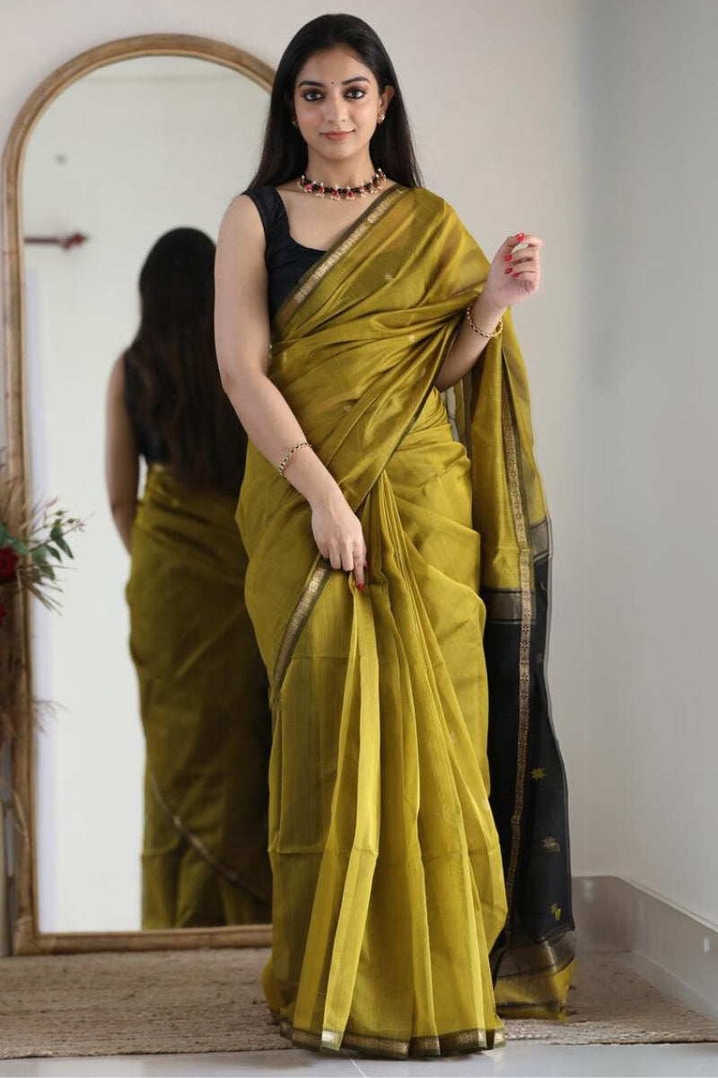 Wonderful Mehndi Cotton Silk Saree With Extraordinary Blouse Piece