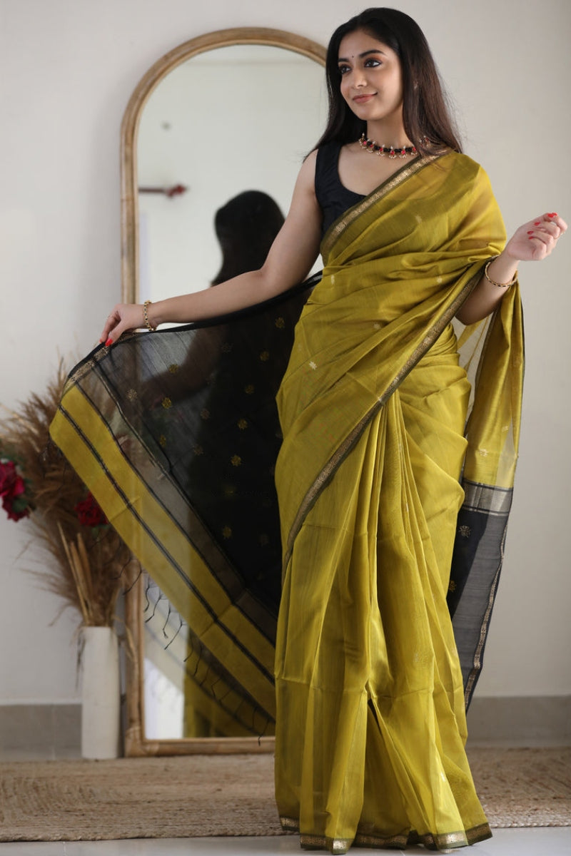 Wonderful Mehndi Cotton Silk Saree With Extraordinary Blouse Piece