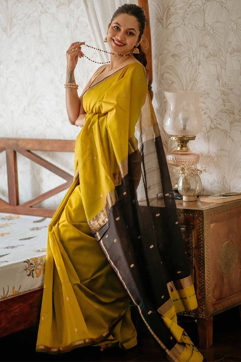 Stunning Mustard Cotton Silk Saree With Intricate Blouse Piece