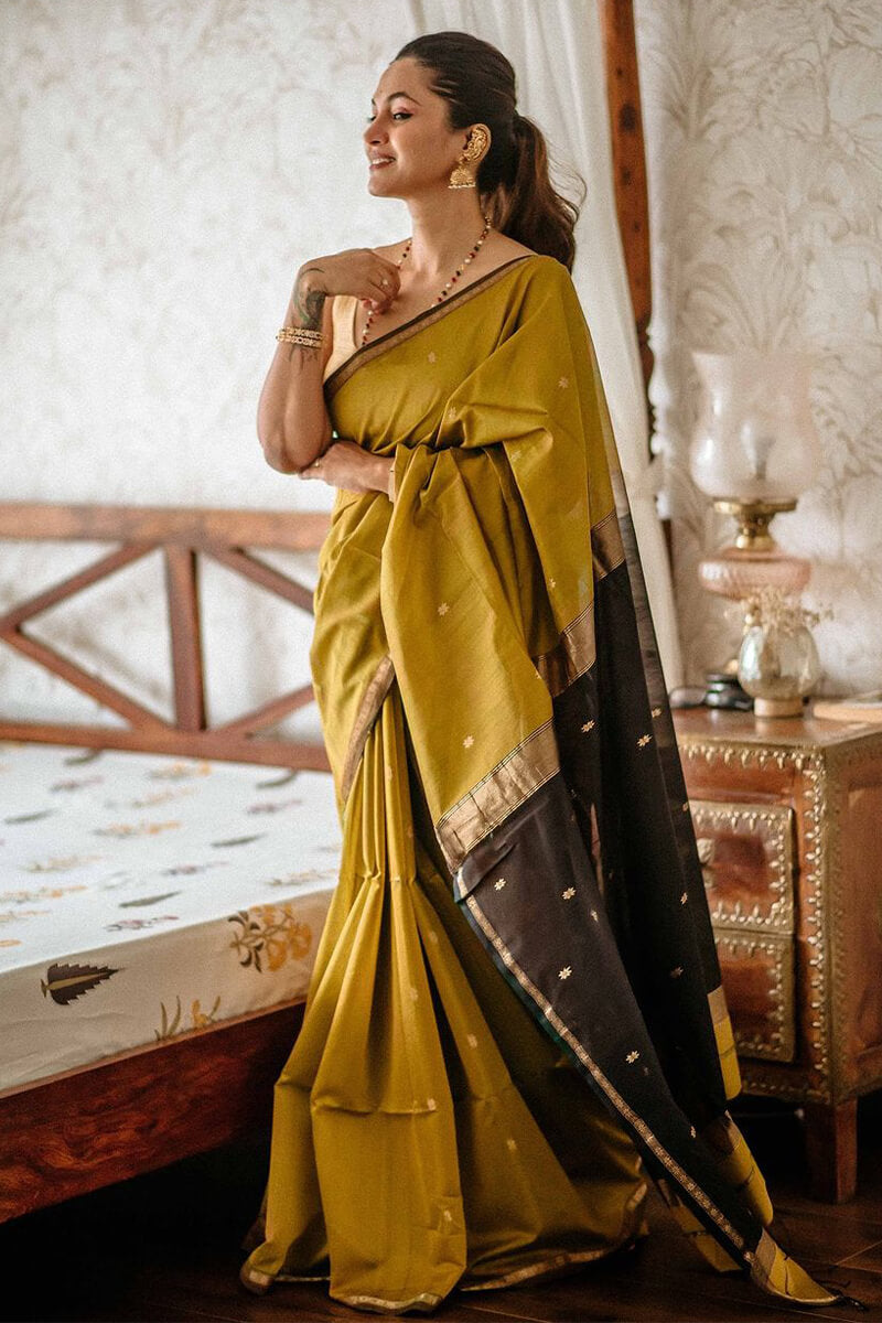 Stunning Mustard Cotton Silk Saree With Intricate Blouse Piece