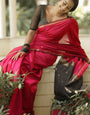 Unequalled Dark Pink Cotton Silk Saree With Snappy Blouse Piece