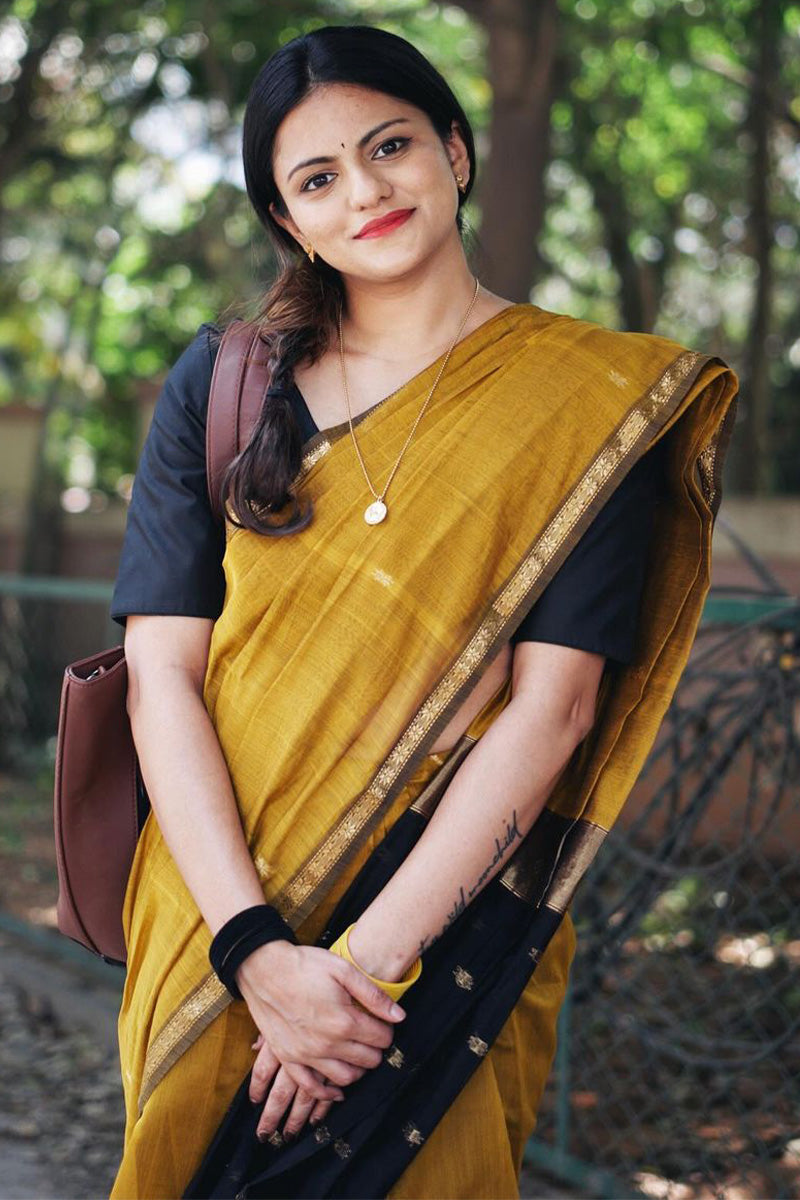 Precious Mustard Cotton Silk Saree With Glorious Blouse Piece