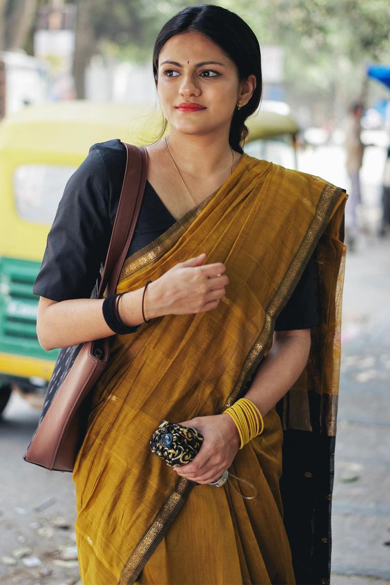 Precious Mustard Cotton Silk Saree With Glorious Blouse Piece