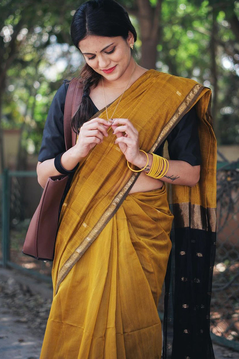 Precious Mustard Cotton Silk Saree With Glorious Blouse Piece