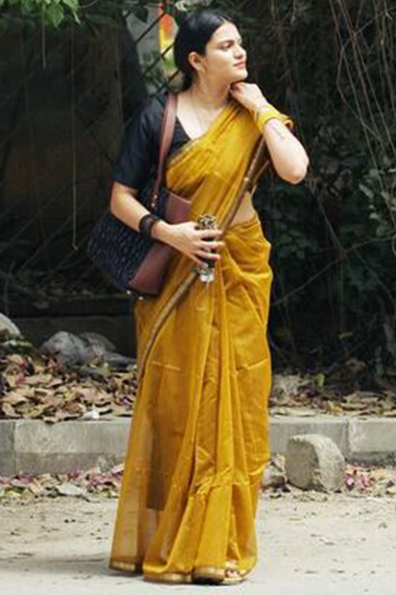 Precious Mustard Cotton Silk Saree With Glorious Blouse Piece