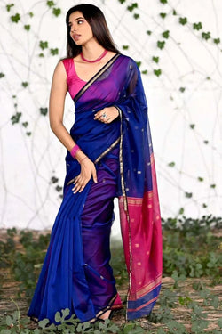 Cynosure Navy Blue Cotton Silk Saree With Vivacious Blouse Piece