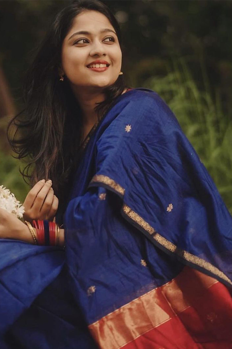 Pretty Navy Blue Cotton Silk Saree With Ailurophile Blouse Pieced