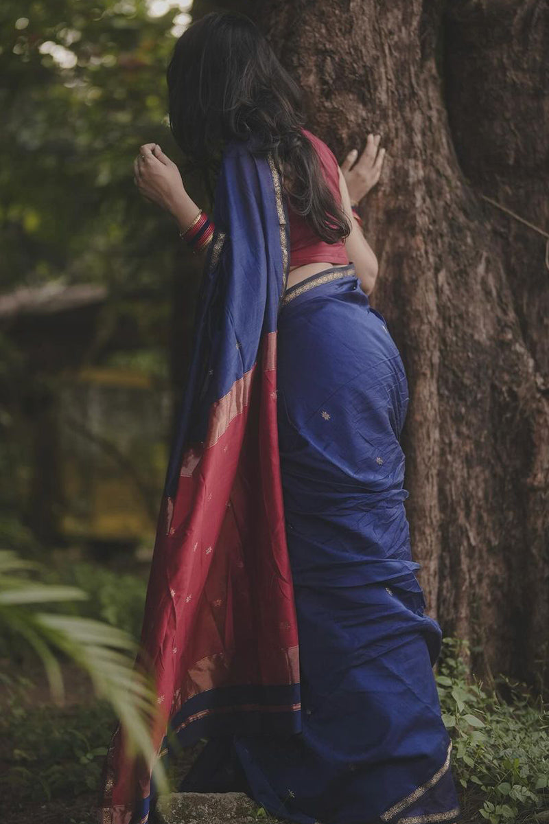 Pretty Navy Blue Cotton Silk Saree With Ailurophile Blouse Pieced