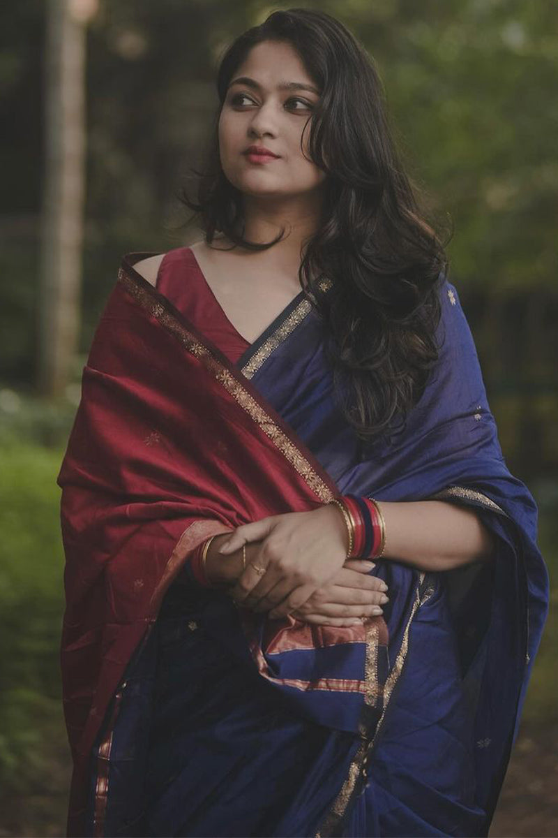 Pretty Navy Blue Cotton Silk Saree With Ailurophile Blouse Pieced