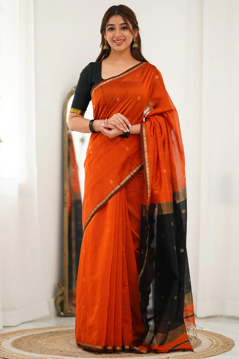 Demanding Orange Cotton Silk Saree With Blooming Blouse Piece