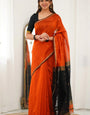 Demanding Orange Cotton Silk Saree With Blooming Blouse Piece