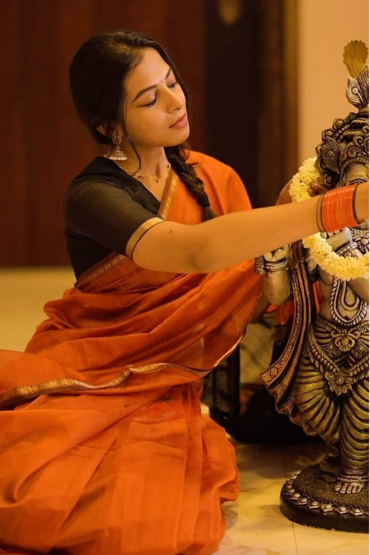 Flameboyant Orange Cotton Silk Saree With Evanescent Blouse Piece