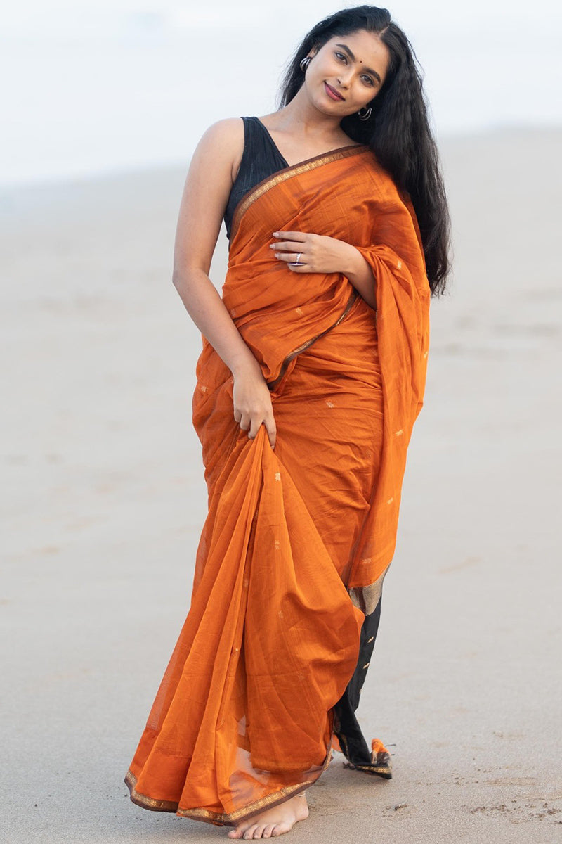 Stylish Orange Cotton Silk Saree With Energetic Blouse Piece