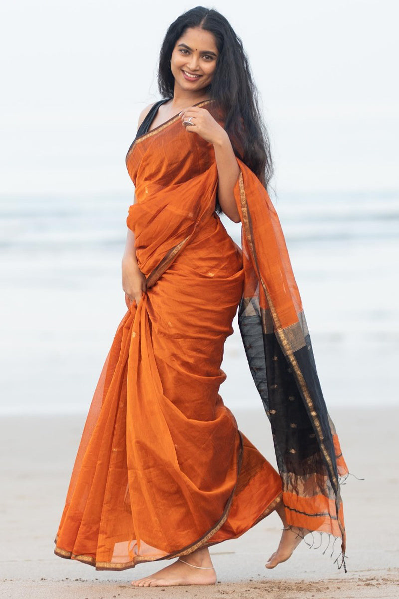 Stylish Orange Cotton Silk Saree With Energetic Blouse Piece