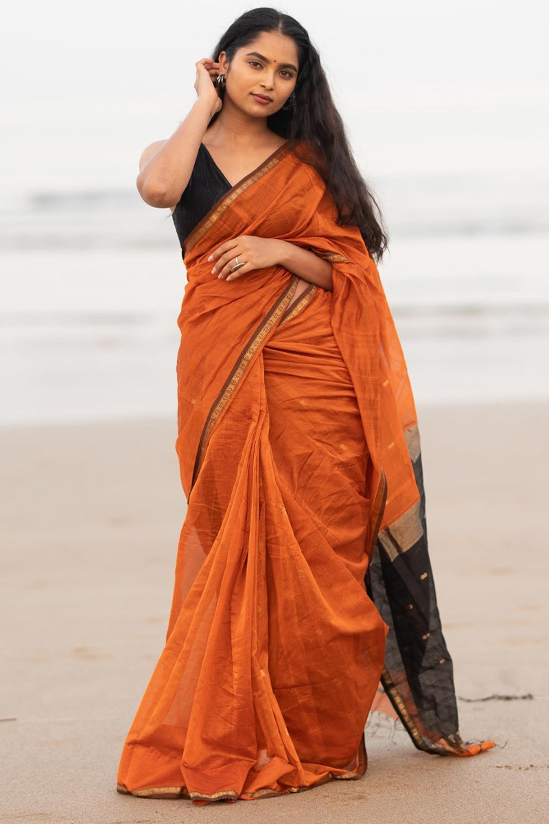 Stylish Orange Cotton Silk Saree With Energetic Blouse Piece