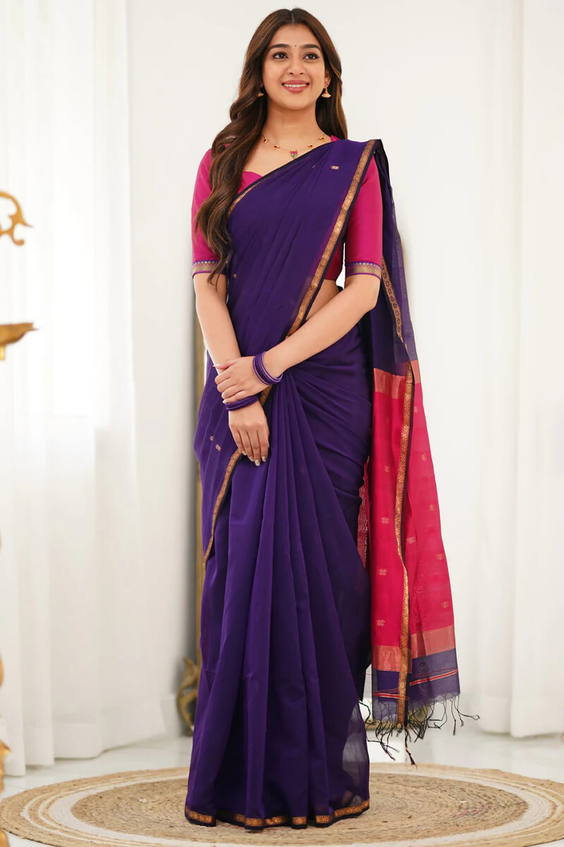 Stunner Purple Cotton Silk Saree With Chatoyant Blouse Piece