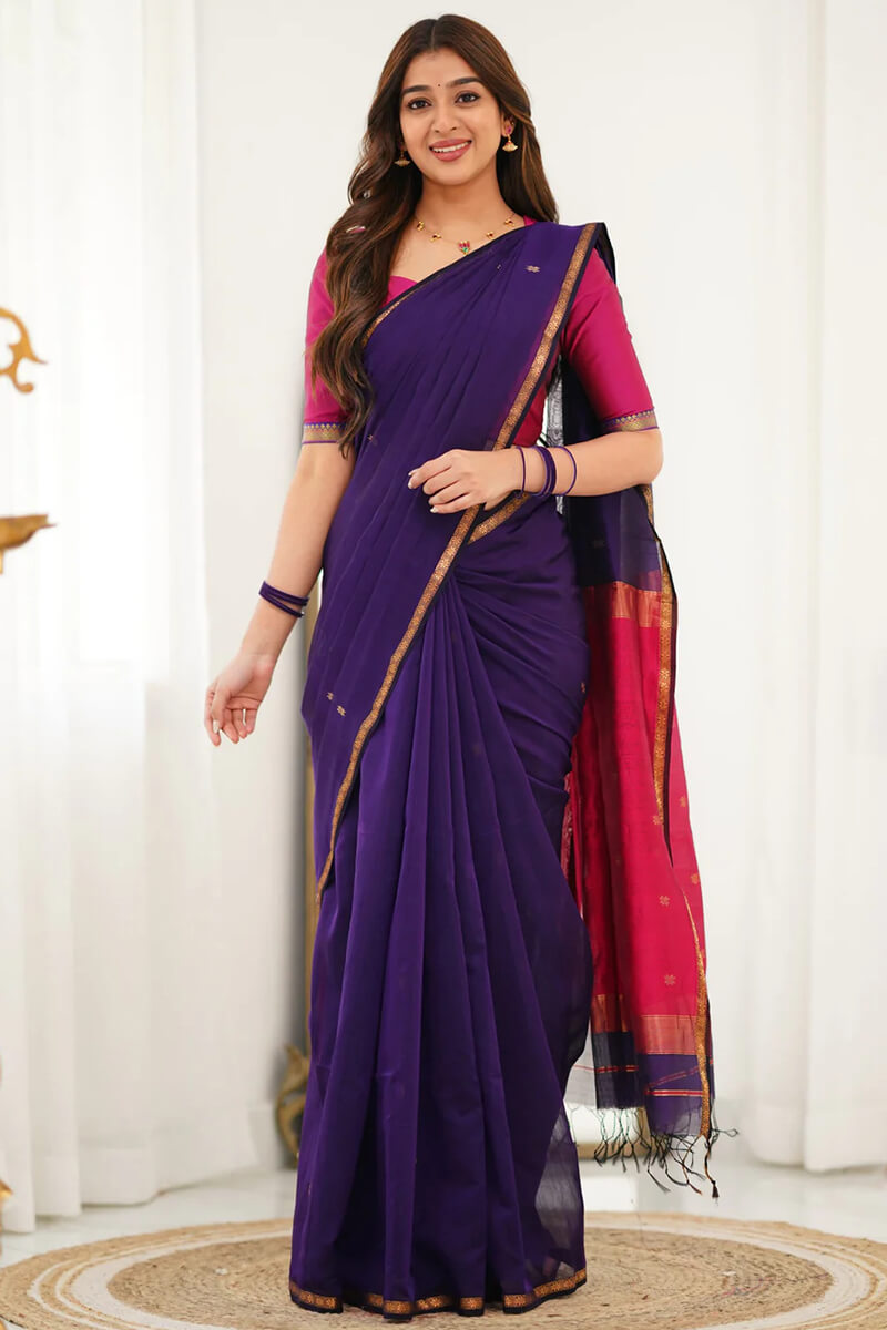 Stunner Purple Cotton Silk Saree With Chatoyant Blouse Piece