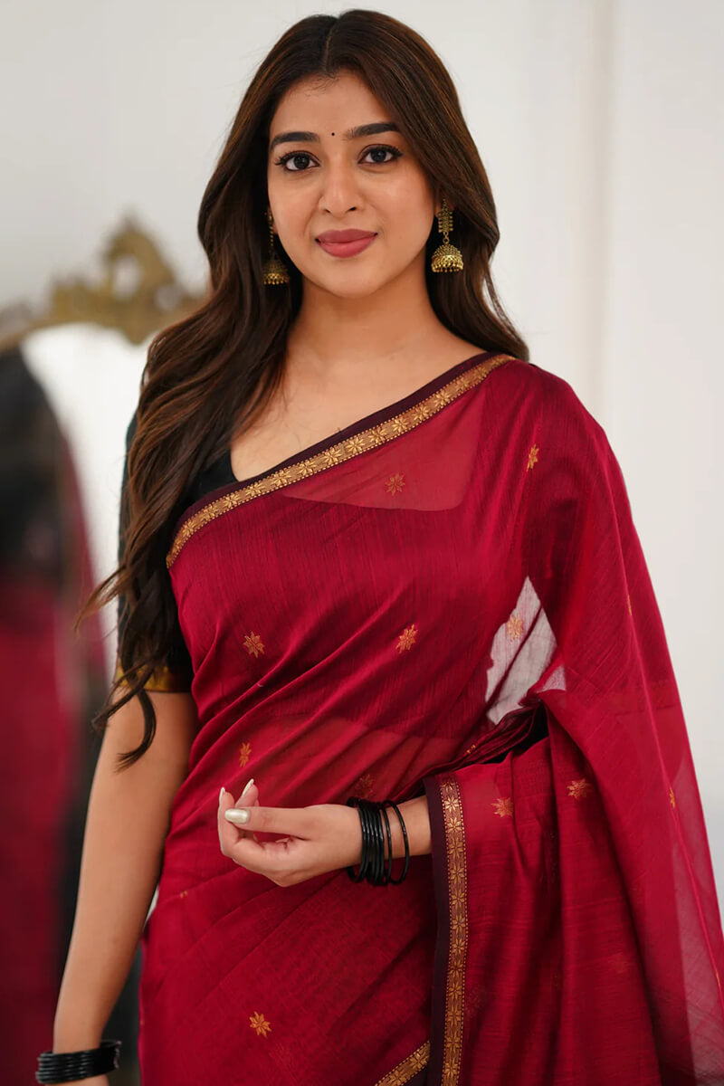 Sensational Red Cotton Silk Saree With Unique Blouse Piece