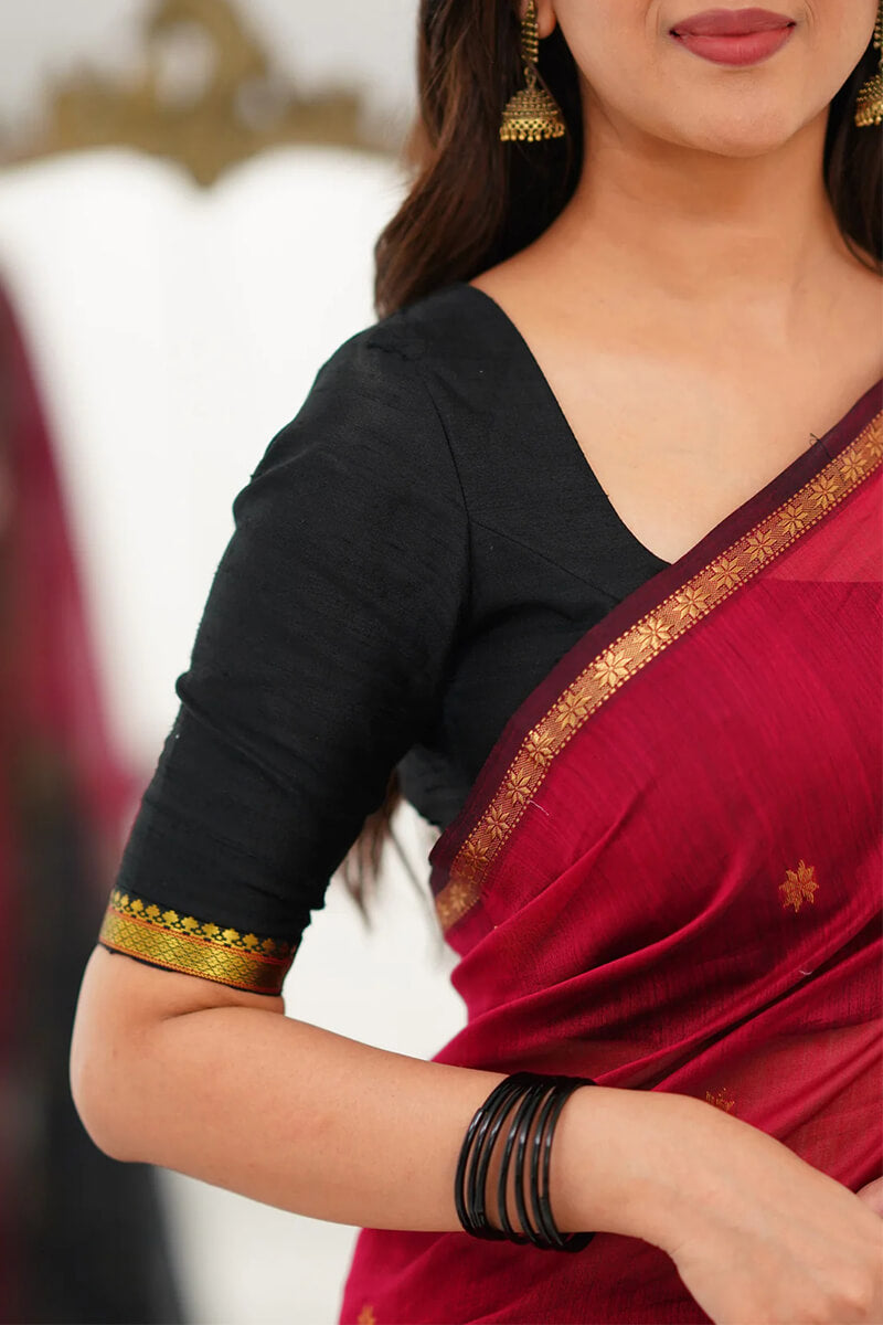 Sensational Red Cotton Silk Saree With Unique Blouse Piece