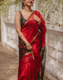 Stunning Red Cotton Silk Saree With Lagniappe Blouse Piece