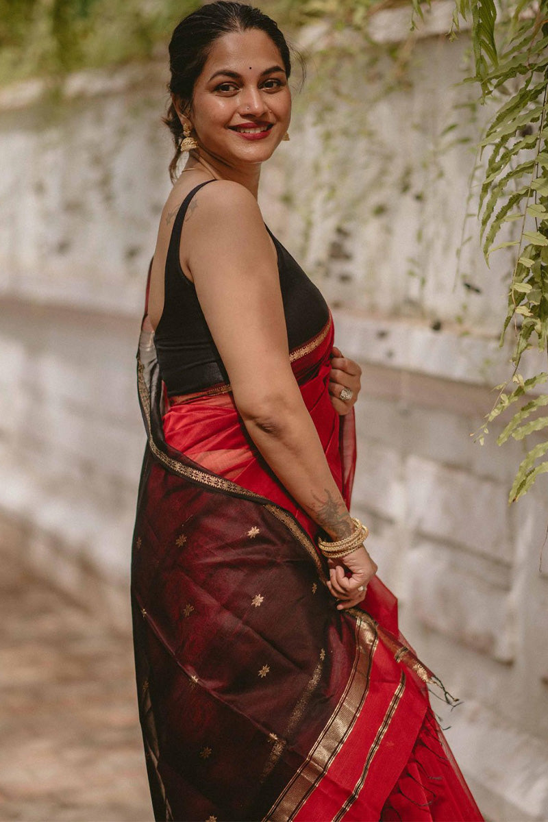 Stunning Red Cotton Silk Saree With Lagniappe Blouse Piece