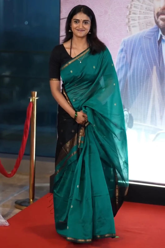 Smashing Sea Green Cotton Silk Saree With Eloquence Blouse Piece