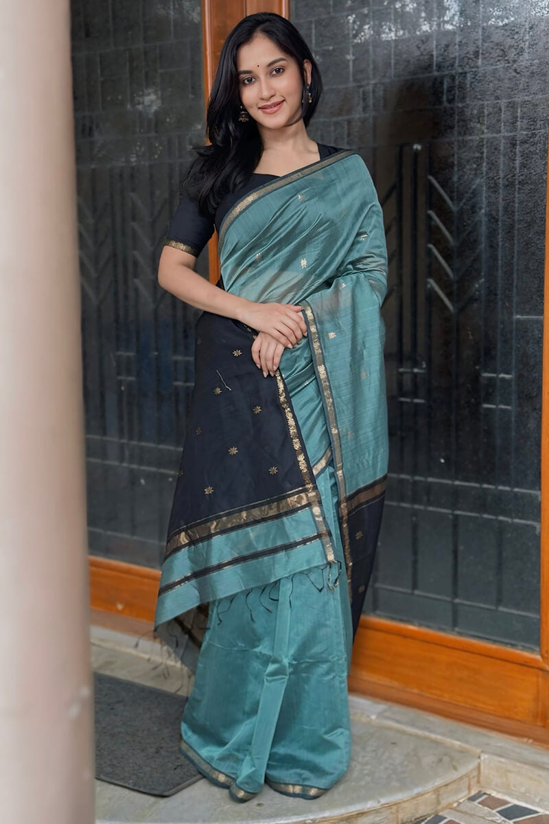 Resonant Sea Green Cotton Silk Saree With Scintillating  Blouse Piece