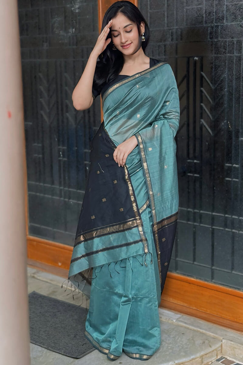 Resonant Sea Green Cotton Silk Saree With Scintillating  Blouse Piece