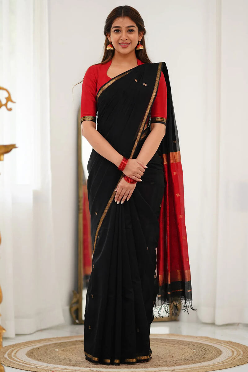 Fantabulous Black Cotton Silk Saree With Transcendent Blouse Piece