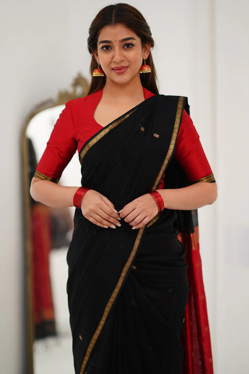 Fantabulous Black Cotton Silk Saree With Transcendent Blouse Piece