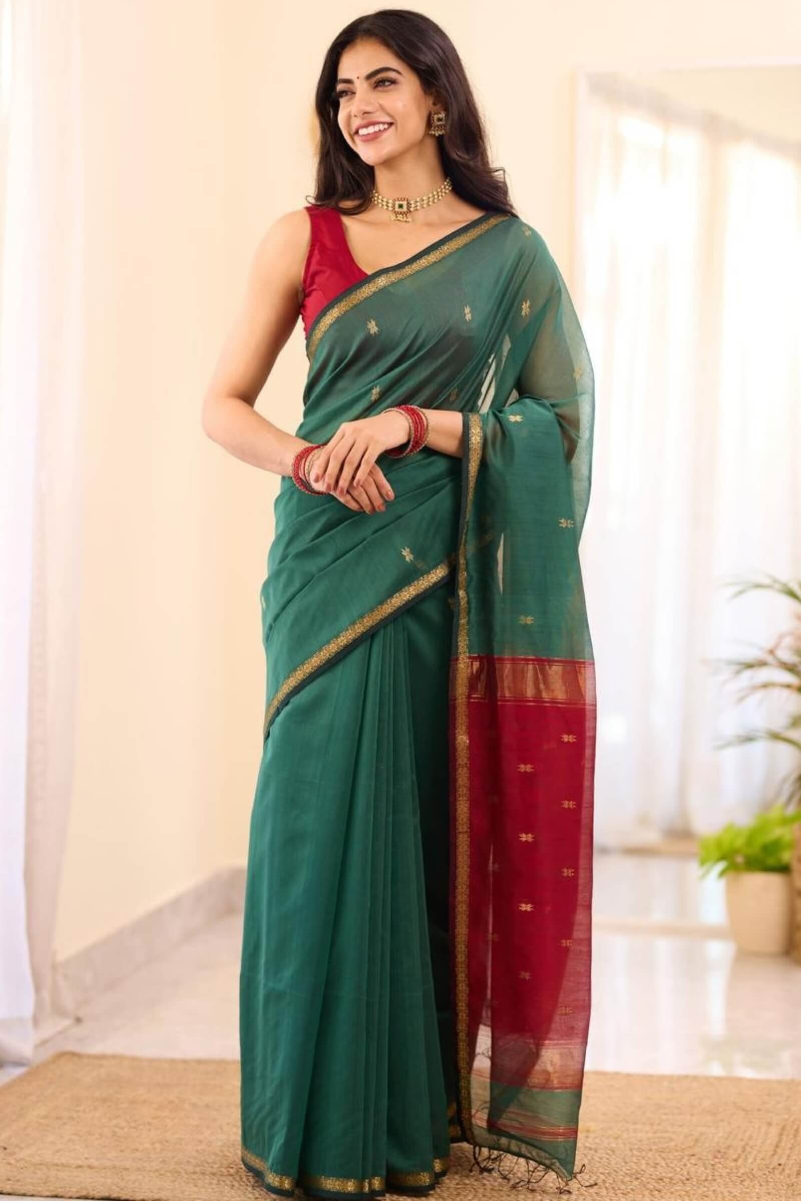 Demure Rama Cotton Silk Saree With Exquisite Blouse Piece