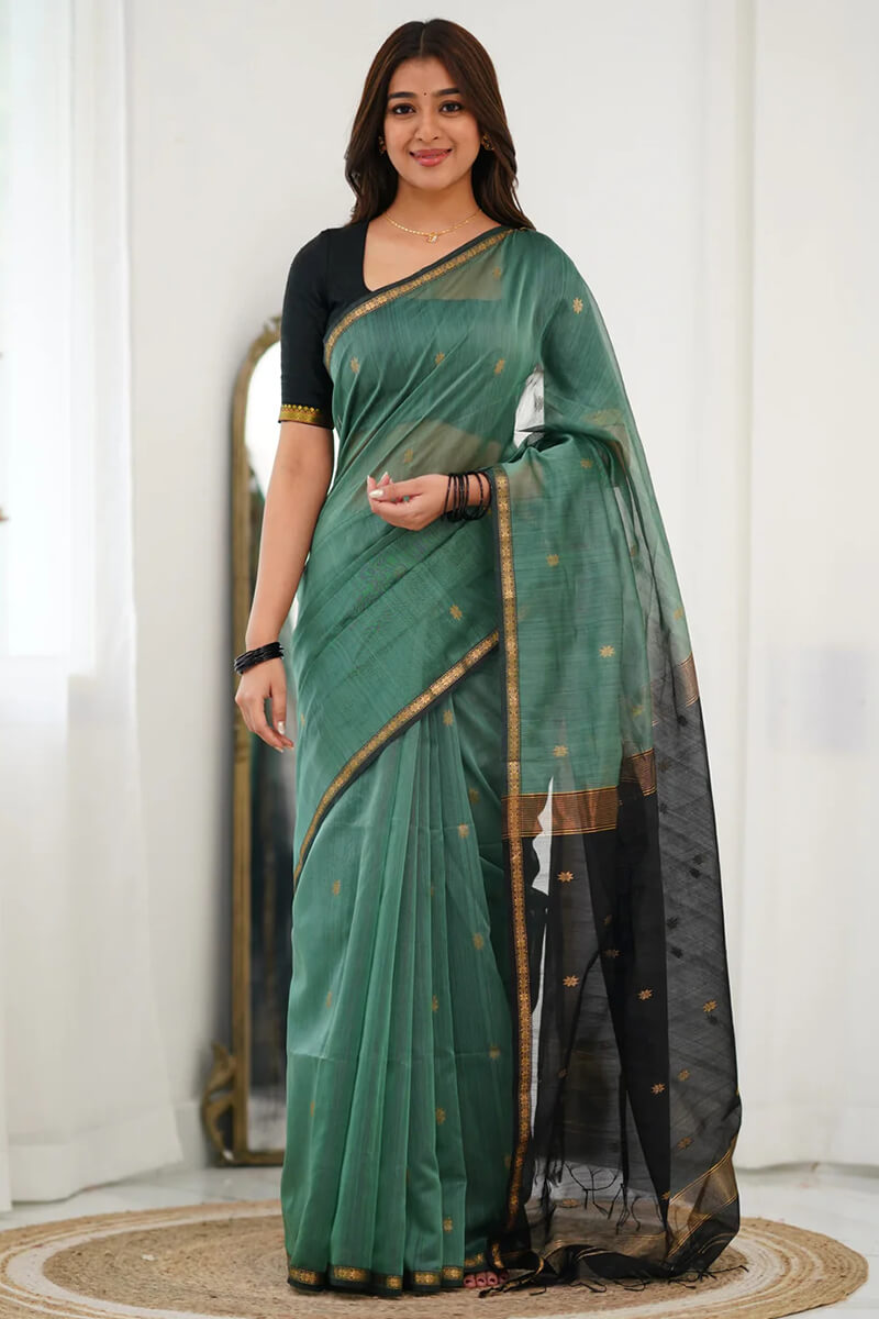 Prominent Sea Green Cotton Silk Saree With Desirable Blouse Piece