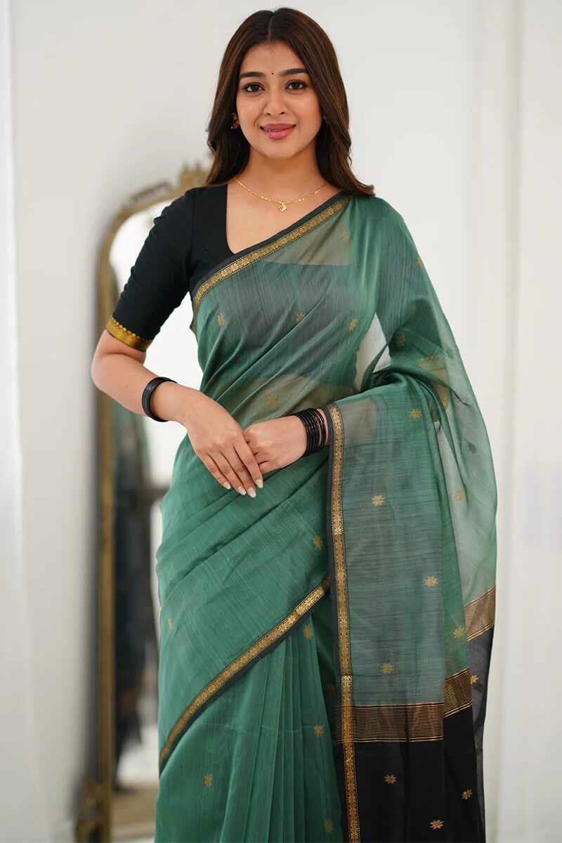 Prominent Sea Green Cotton Silk Saree With Desirable Blouse Piece