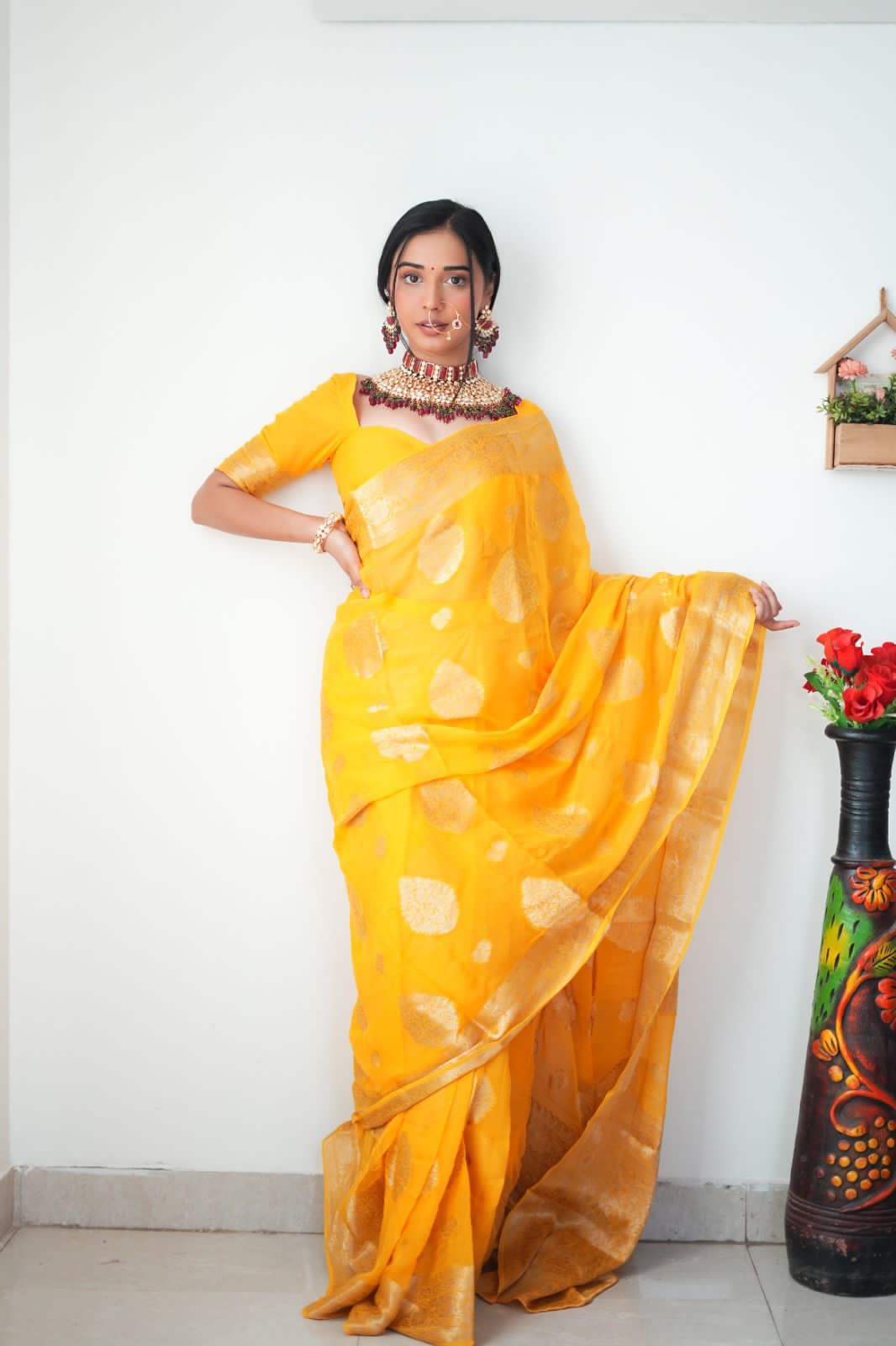 Lovely 1-Minute Ready To Wear Yellow Cotton Silk Saree