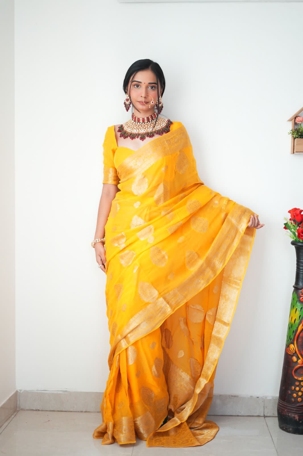 Lovely 1-Minute Ready To Wear Yellow Cotton Silk Saree