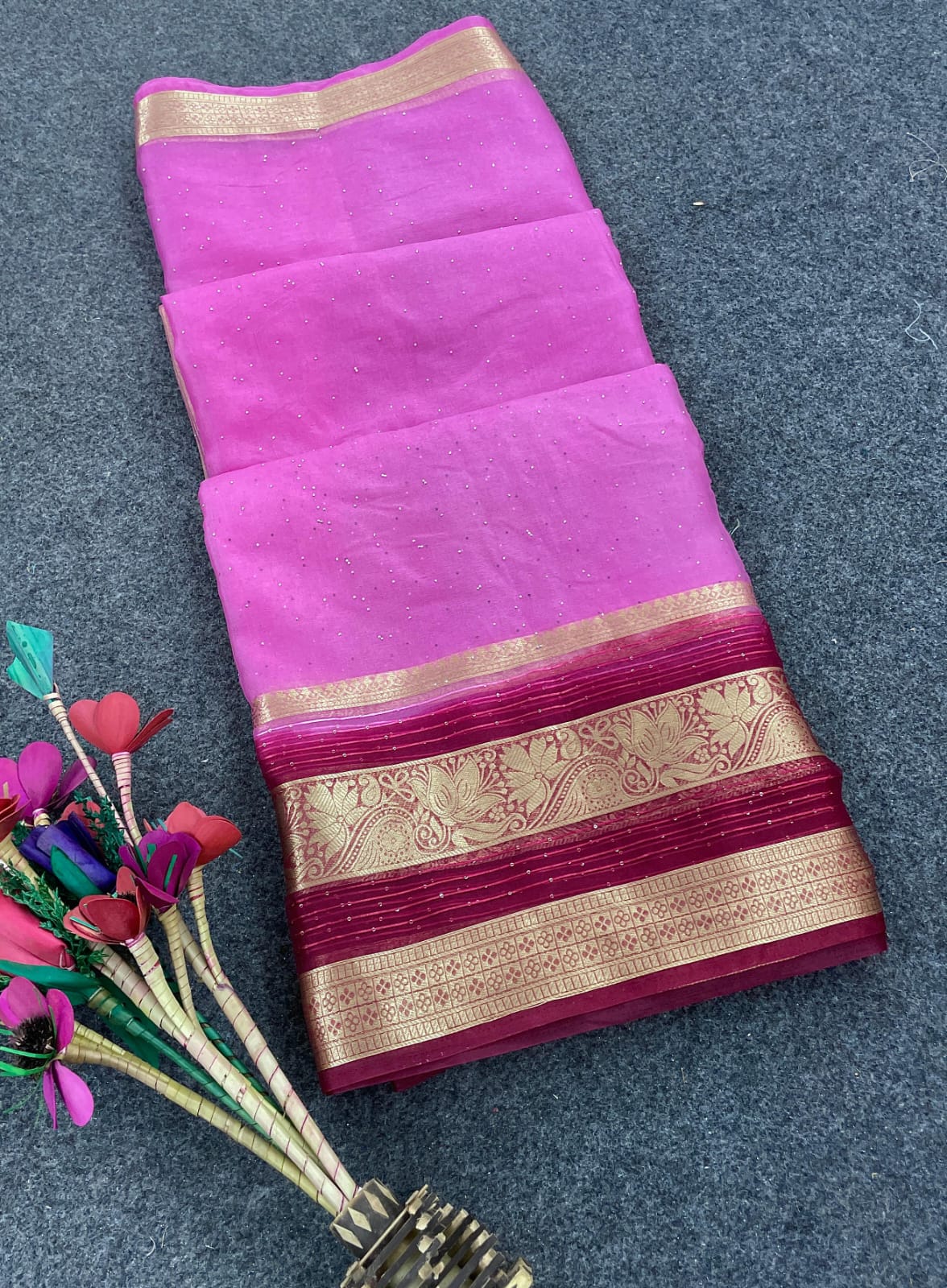 Most Flattering Dark Pink Organza Silk Saree With Scintillating Blouse Piece