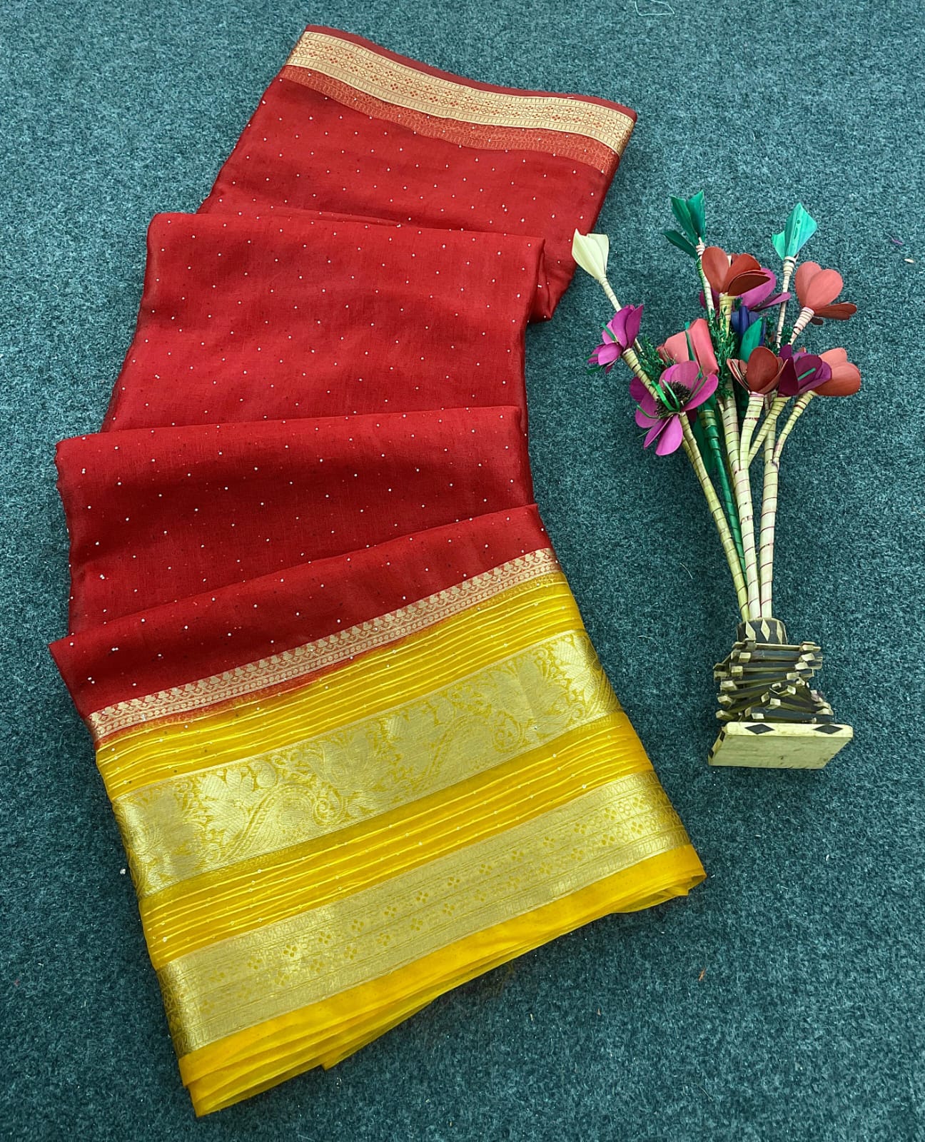 Ethnic Red Organza Silk Saree With Exemplary Blouse Piece