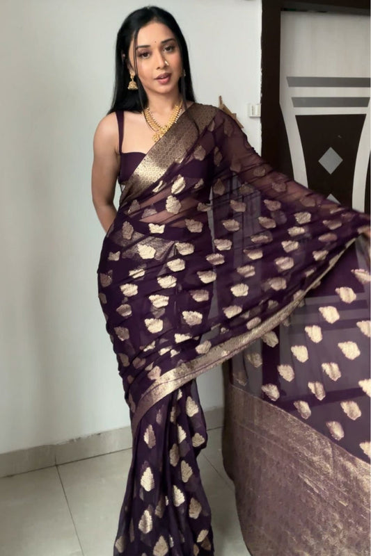Glittering 1-Minute Ready To Wear Dark Purple Cotton Silk Saree