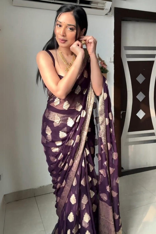 Glittering 1-Minute Ready To Wear Dark Purple Cotton Silk Saree