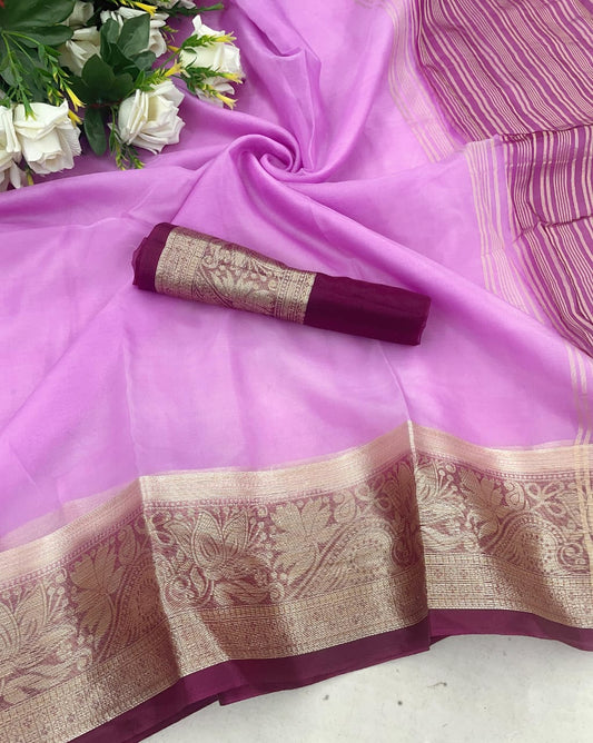 Eclat Lavender Orgenza  Silk Saree With Intricate Blouse Piece