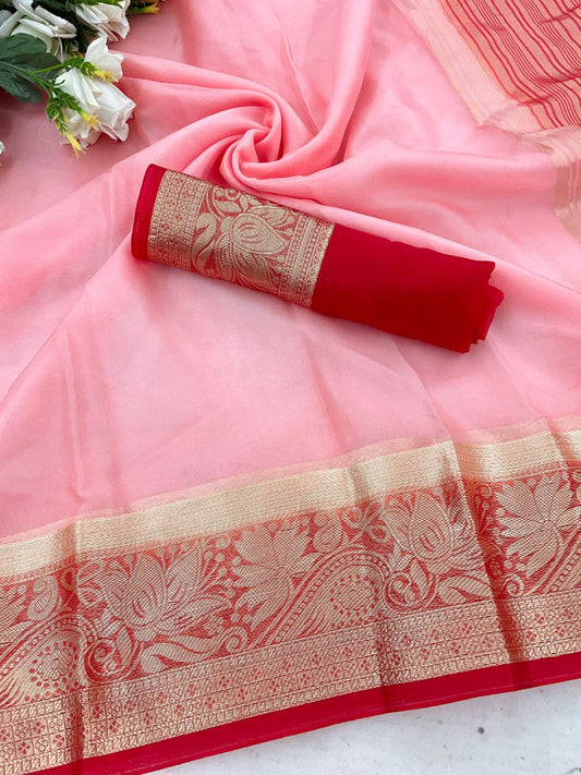 Nebula Pink Orgenza Silk Saree With Glorious Blouse Piece